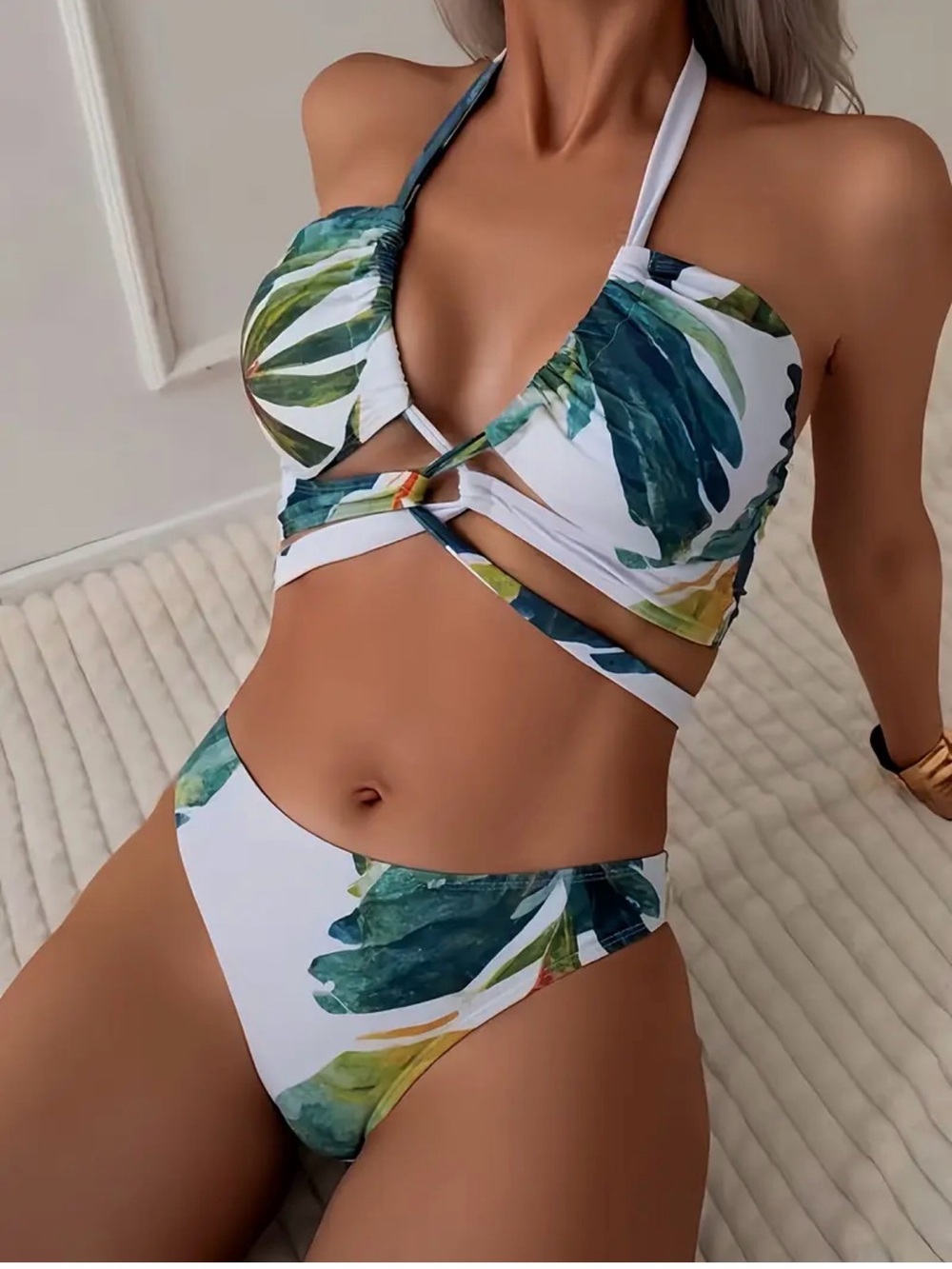 Tropical Leaf Print Wrap Bikini Set - White & Green